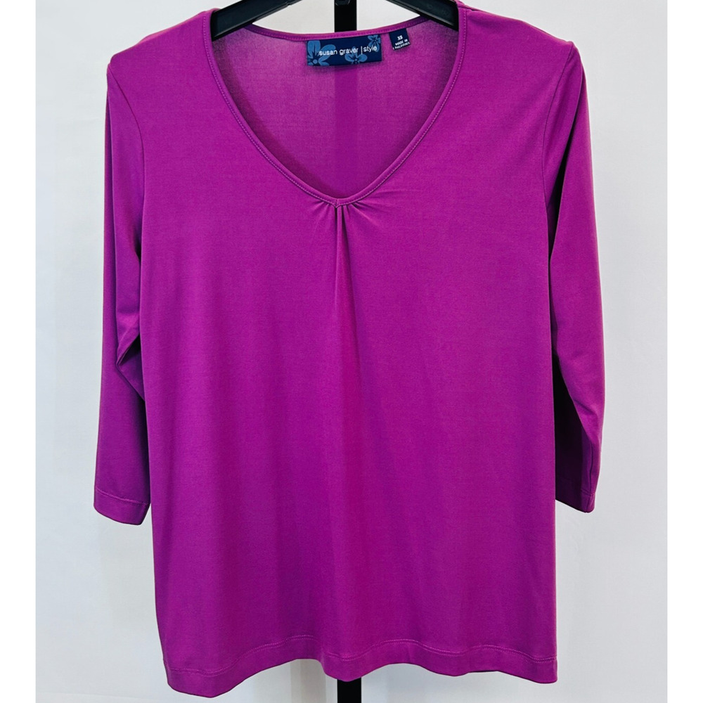 Susan Graver Women Size XS 3/4 Sleeve Top T Shirt Plum V Neck